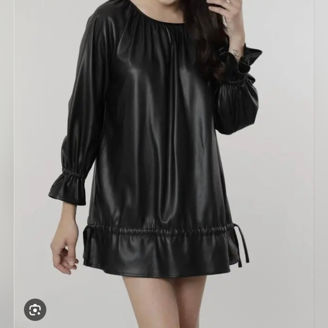 Dolce Cabo Black Faux Leather Shift Dress |Long Sleeve | Pockets | Size S | Nwt